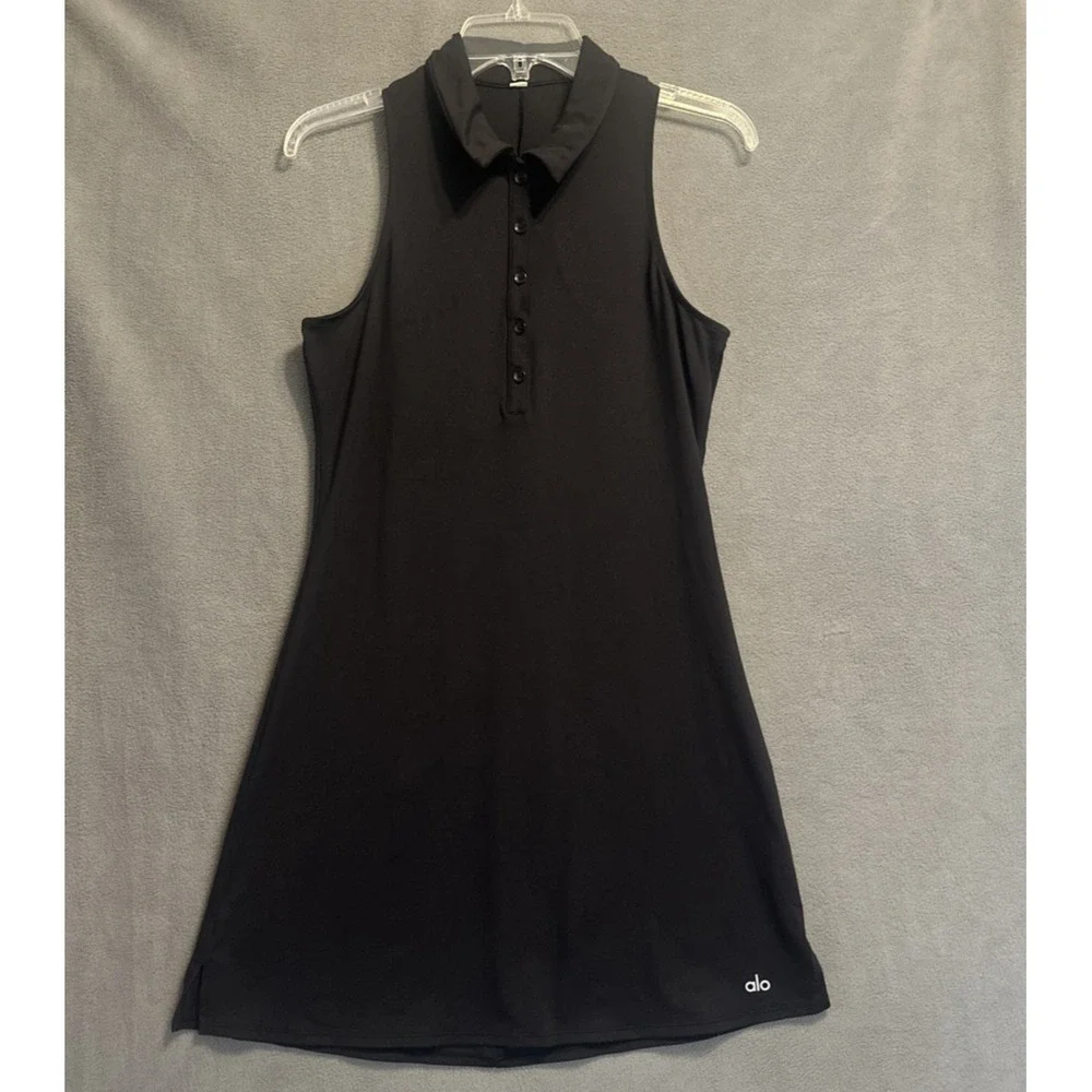 Alo Yoga Charmed Tennis Dress Sleeveless Collared Size S Black Golf Pickleball